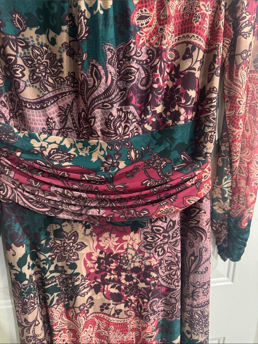 Jessica Howard Teal, Burgundy and Cream Paisley Long Sleeve Midi Dress - Picture 6 of 13